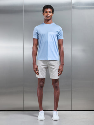 Fine Stripe Mercerised Cotton Colour Block T-Shirt in Light Blue