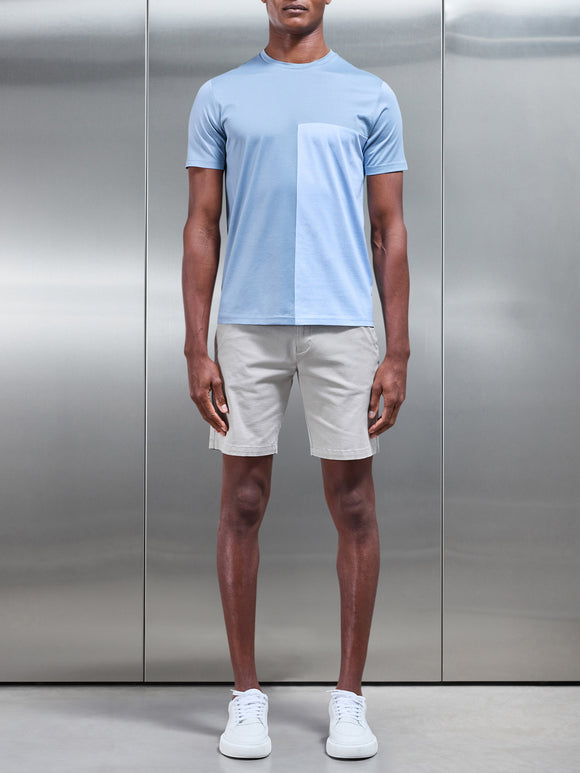 Fine Stripe Mercerised Cotton Colour Block T-Shirt in Light Blue