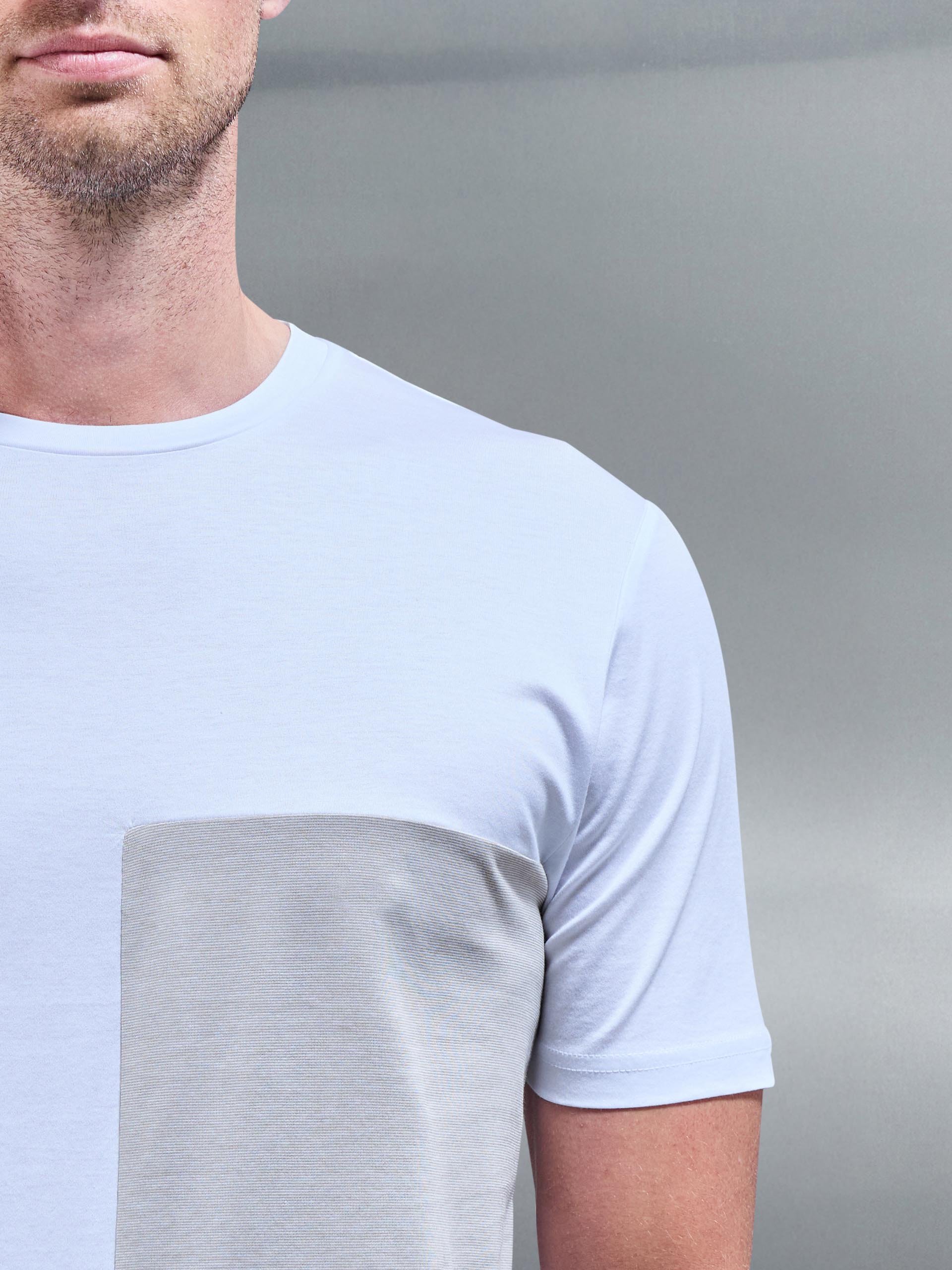 Fine Stripe Mercerised Cotton Colour Block T-Shirt in Stone