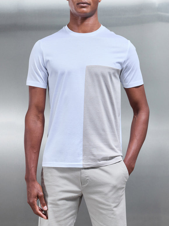 Fine Stripe Mercerised Cotton Colour Block T-Shirt in Stone