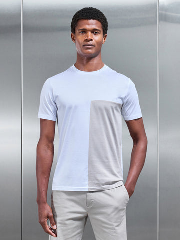 Fine Stripe Mercerised Cotton Colour Block T-Shirt in Stone