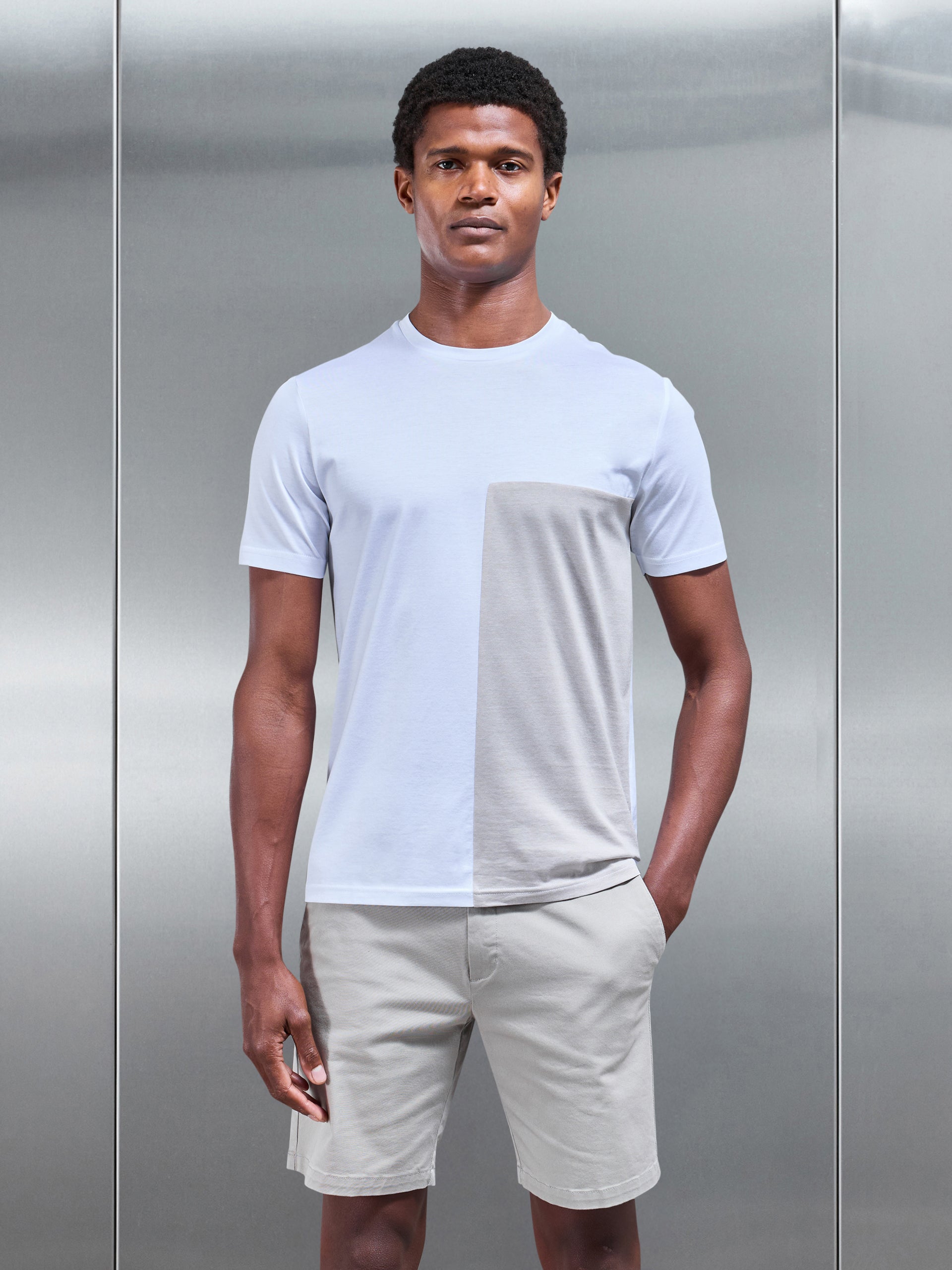 Fine Stripe Mercerised Cotton Colour Block T-Shirt in Stone