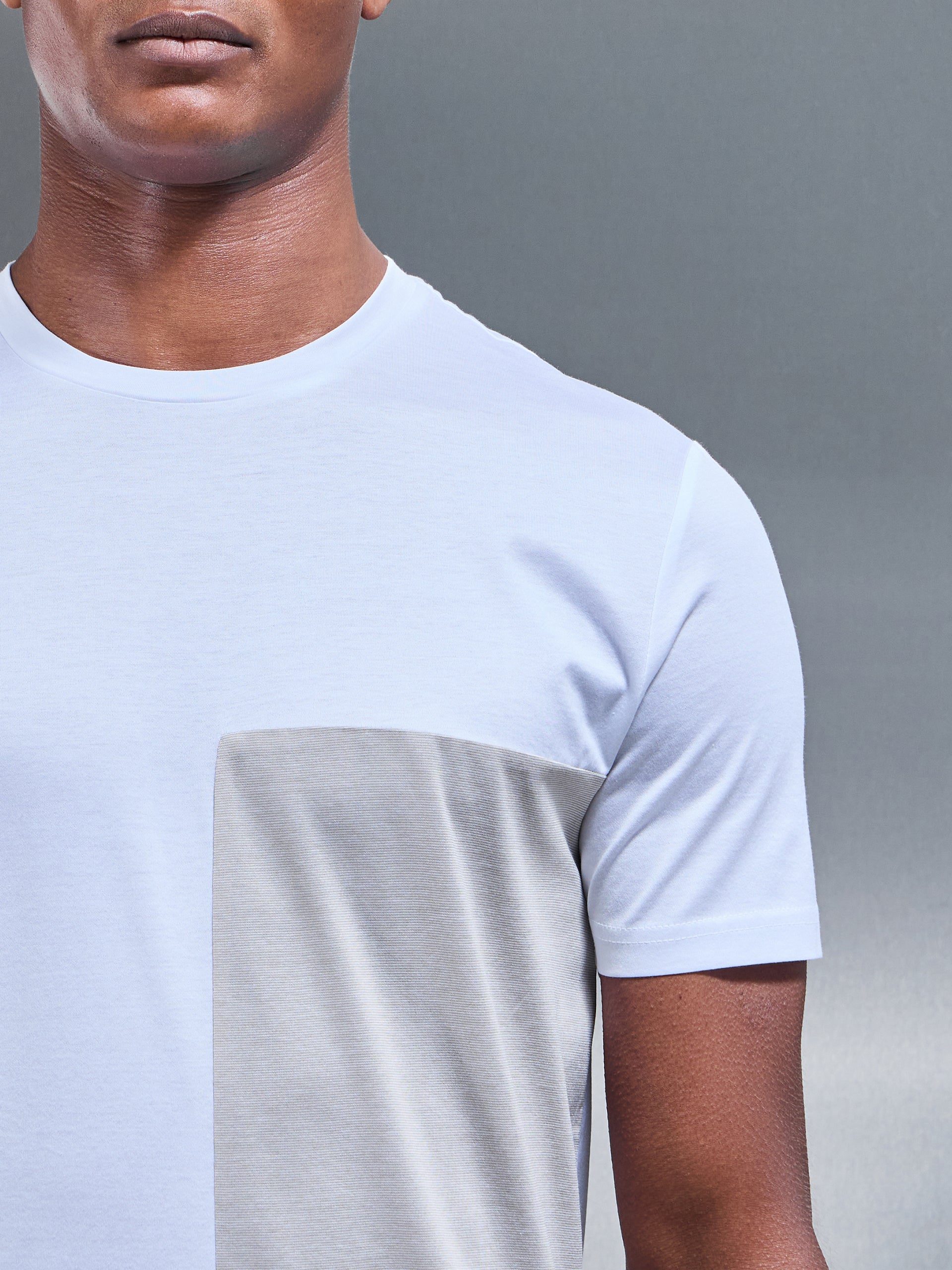 Fine Stripe Mercerised Cotton Colour Block T-Shirt in Stone