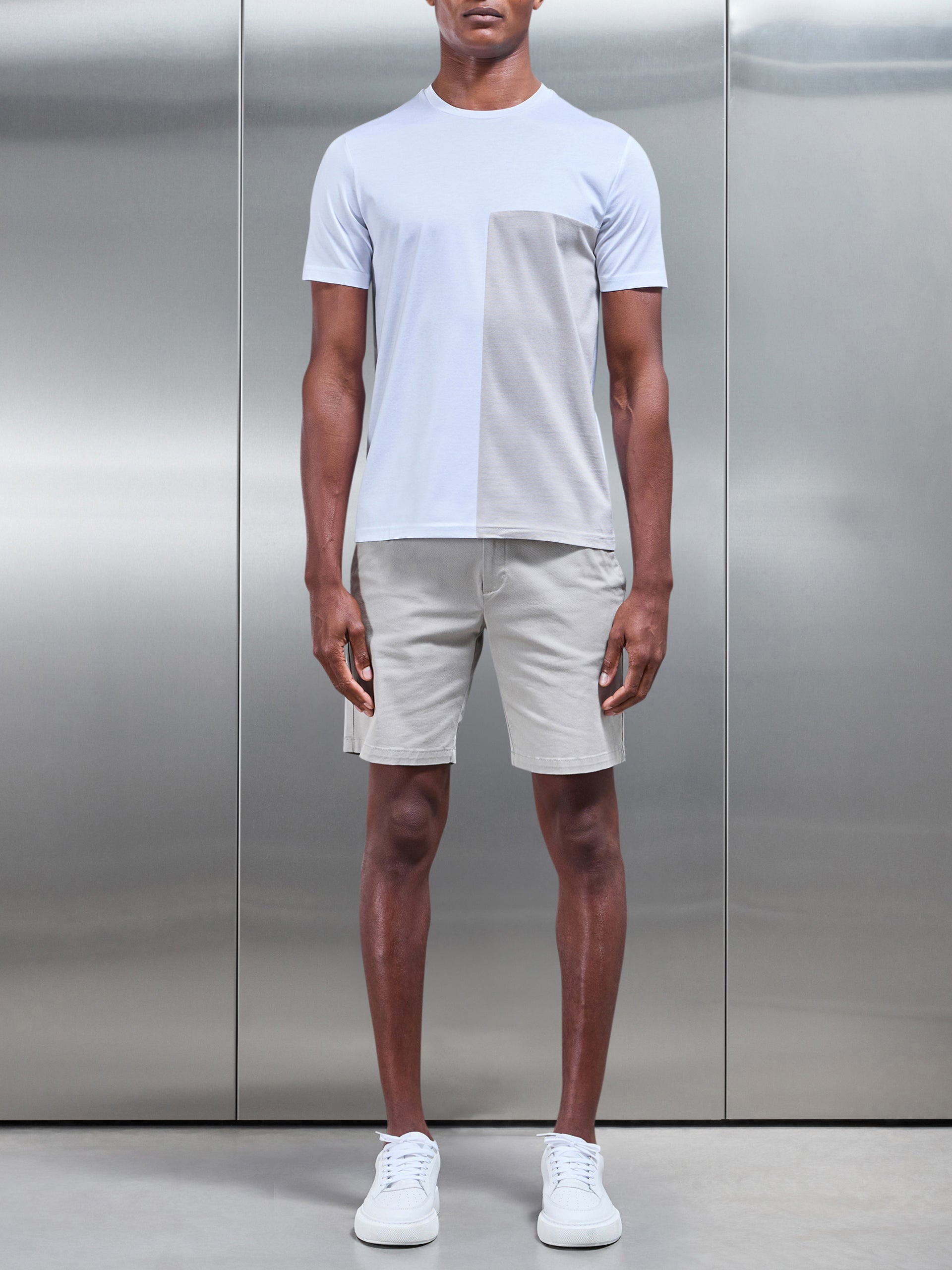 Fine Stripe Mercerised Cotton Colour Block T-Shirt in Stone