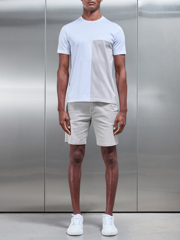 Fine Stripe Mercerised Cotton Colour Block T-Shirt in Stone