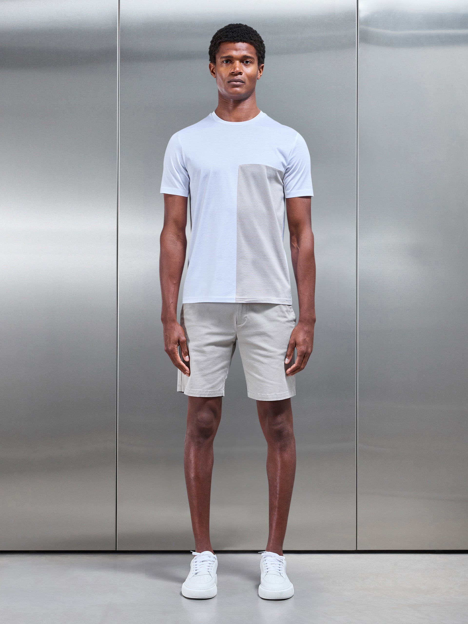Fine Stripe Mercerised Cotton Colour Block T-Shirt in Stone