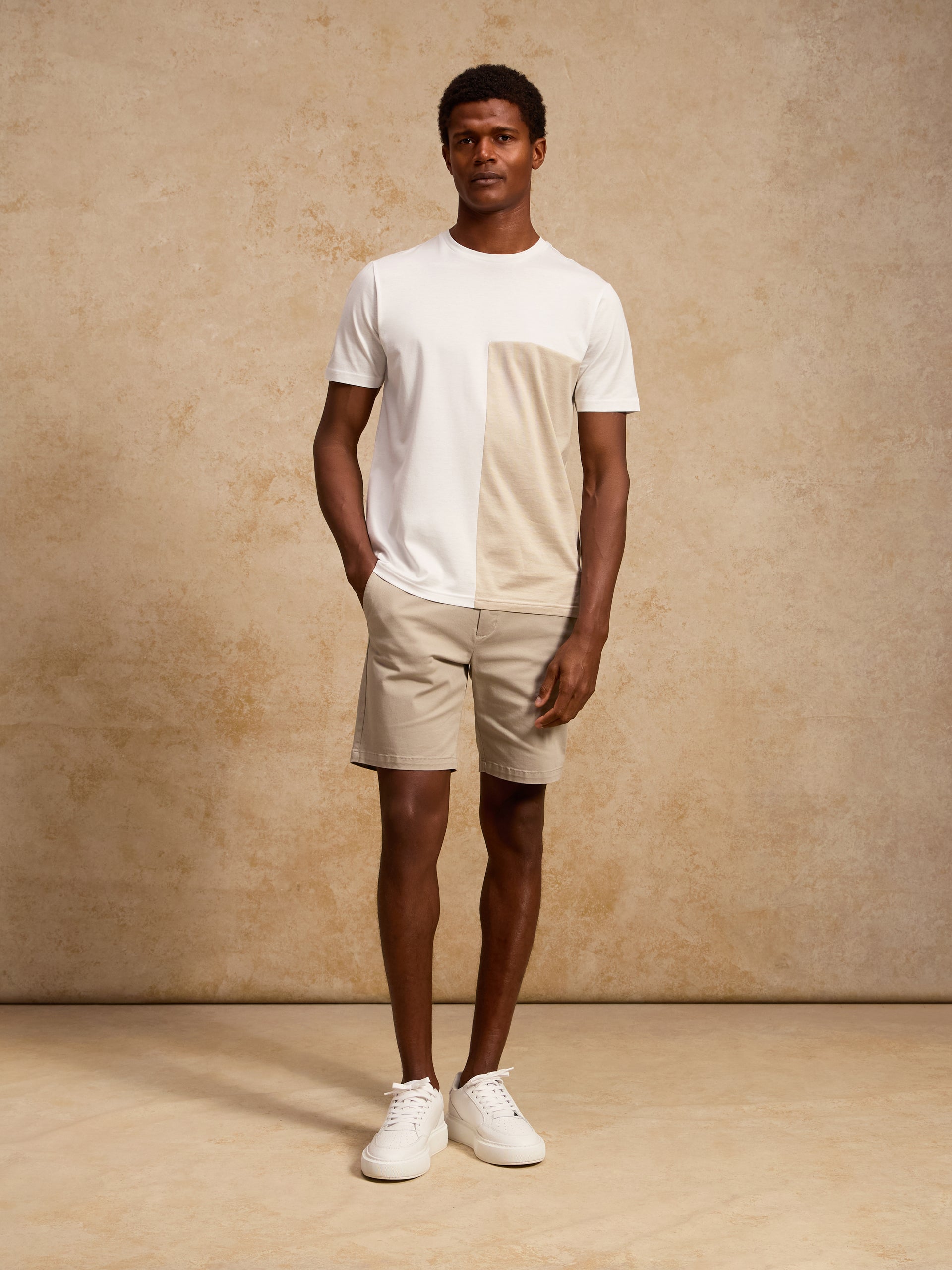 Fine Stripe Mercerised Cotton Colour Block T-Shirt in Stone
