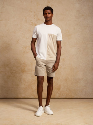 Fine Stripe Mercerised Cotton Colour Block T-Shirt in Stone