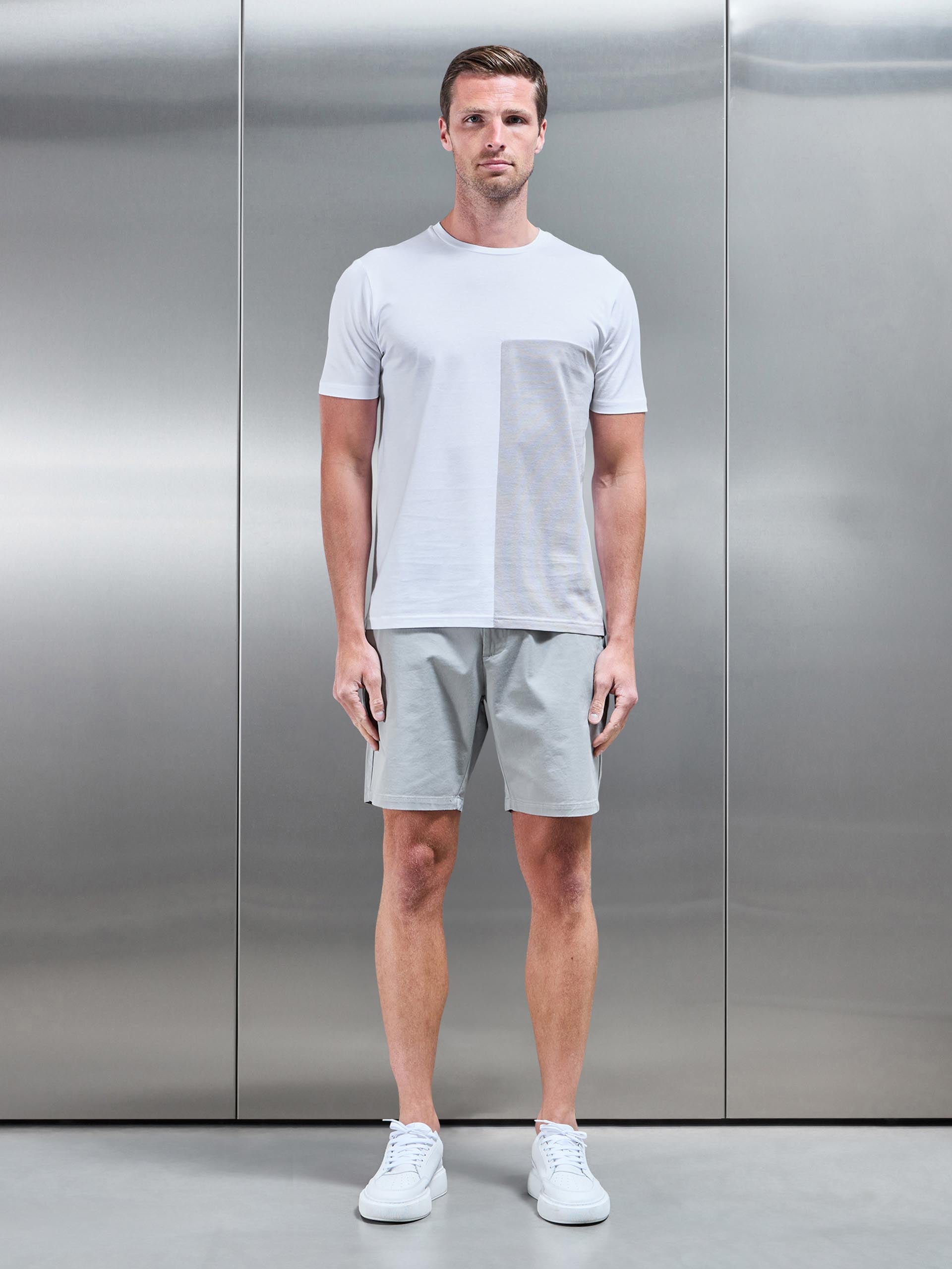 Fine Stripe Mercerised Cotton Colour Block T-Shirt in Stone