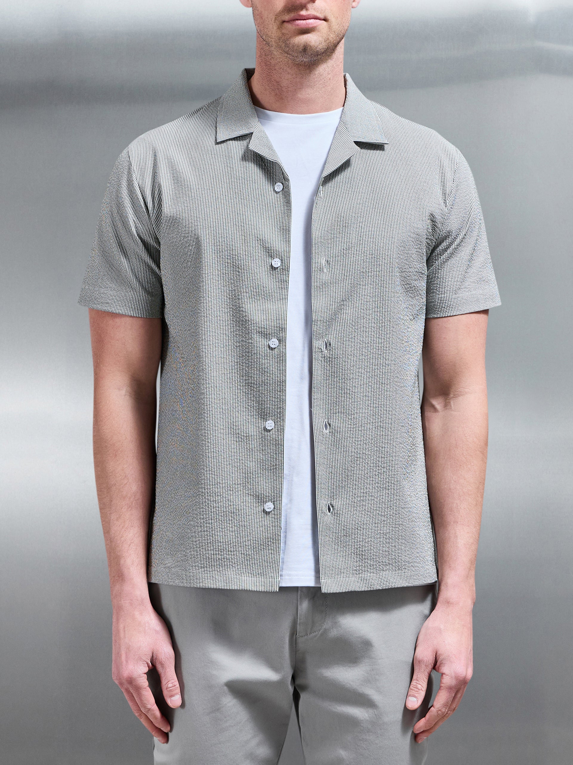 Fine Stripe Short Sleeve Revere Collar Shirt in Sage