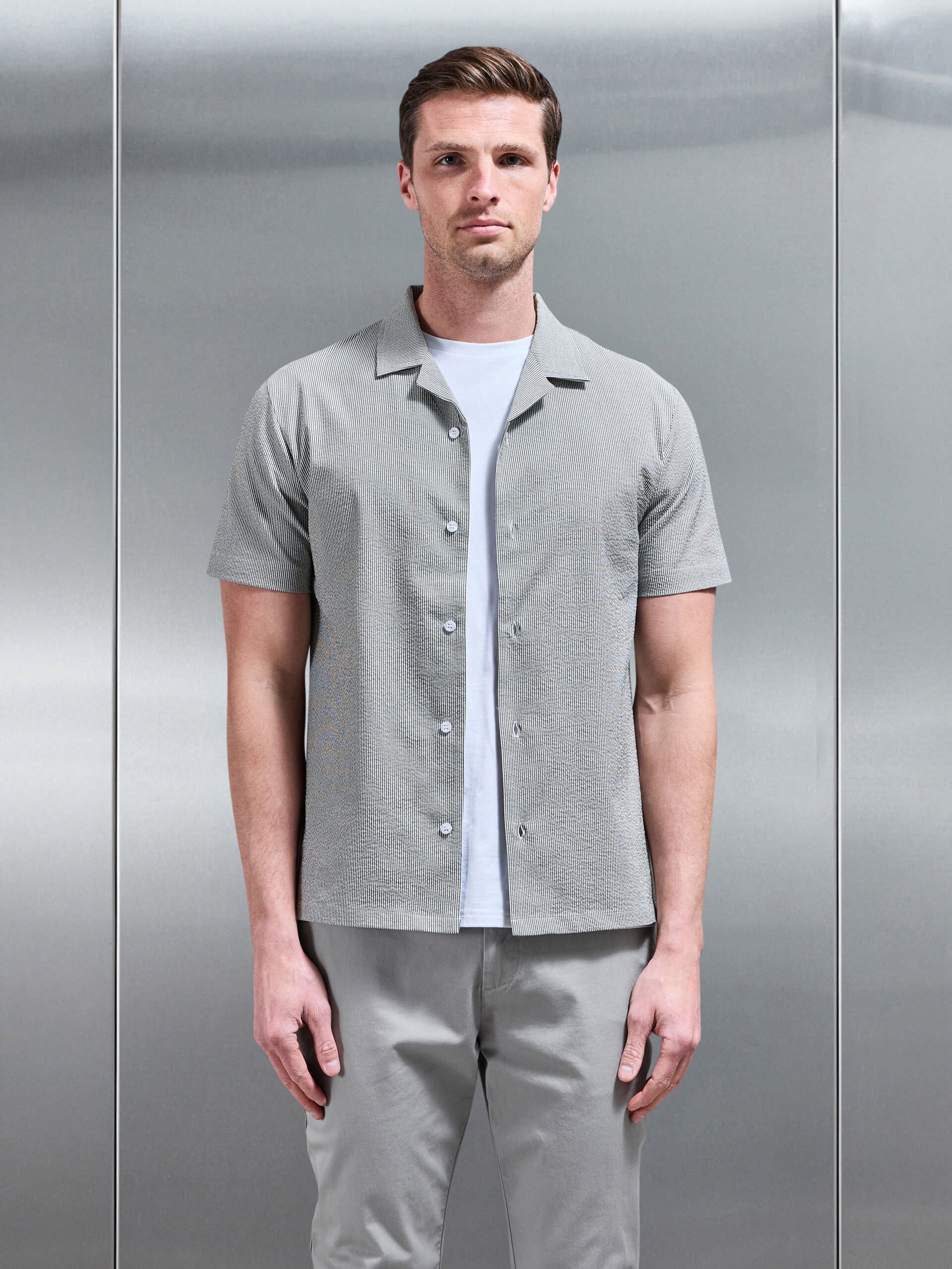 Fine Stripe Short Sleeve Revere Collar Shirt in Sage