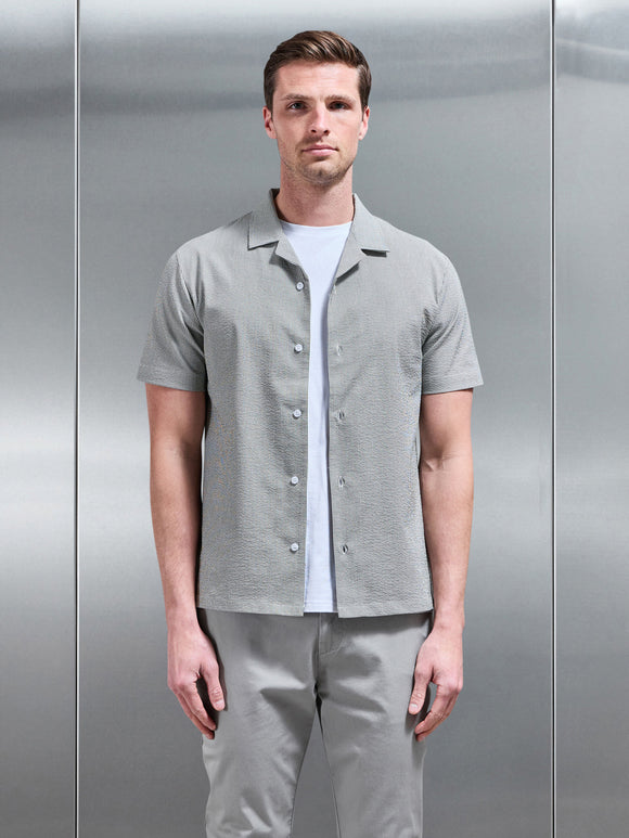Fine Stripe Short Sleeve Revere Collar Shirt in Sage