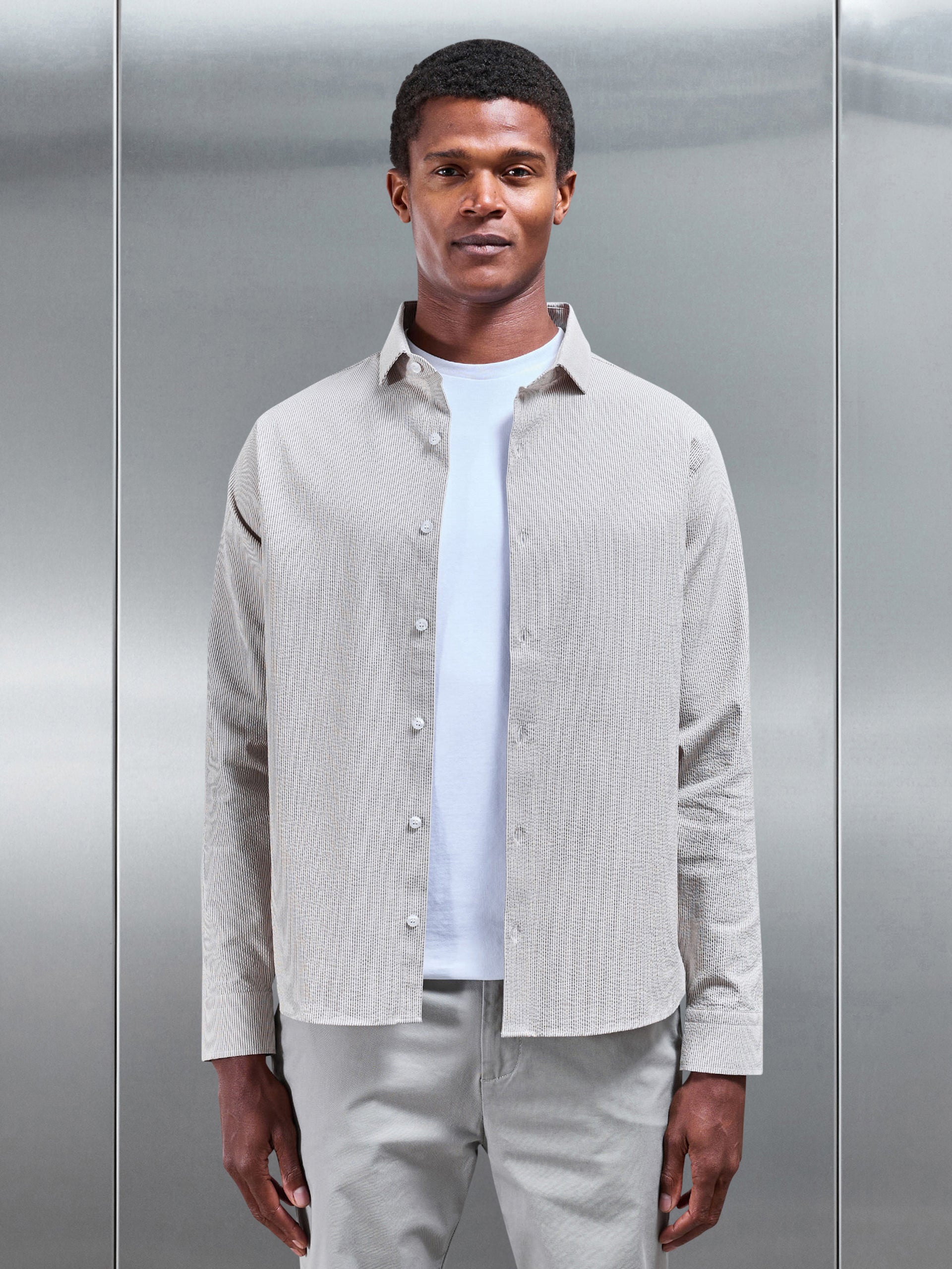 Fine Stripe Long Sleeve Cutaway Collar Shirt in Stone