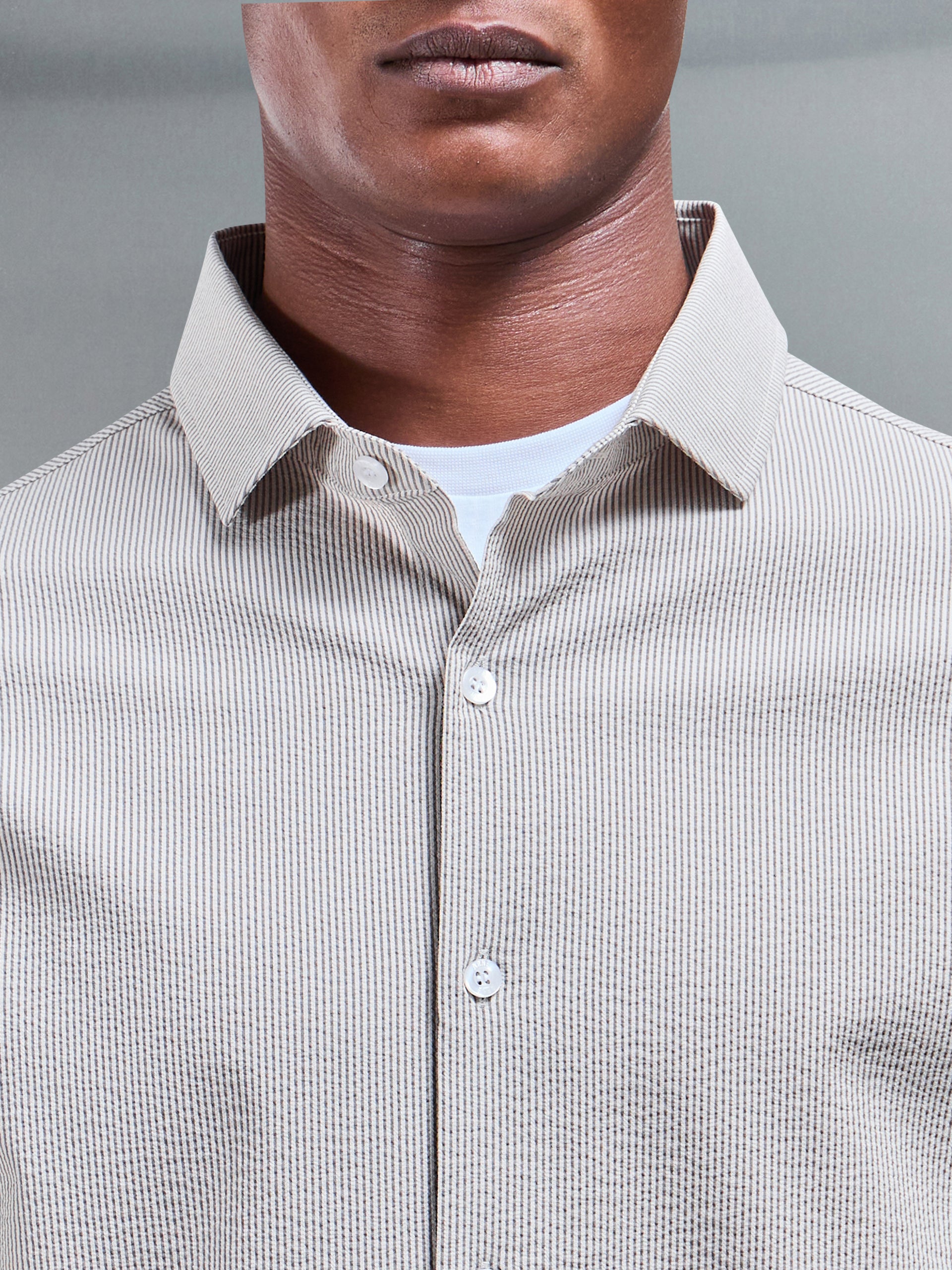 Fine Stripe Long Sleeve Cutaway Collar Shirt in Stone