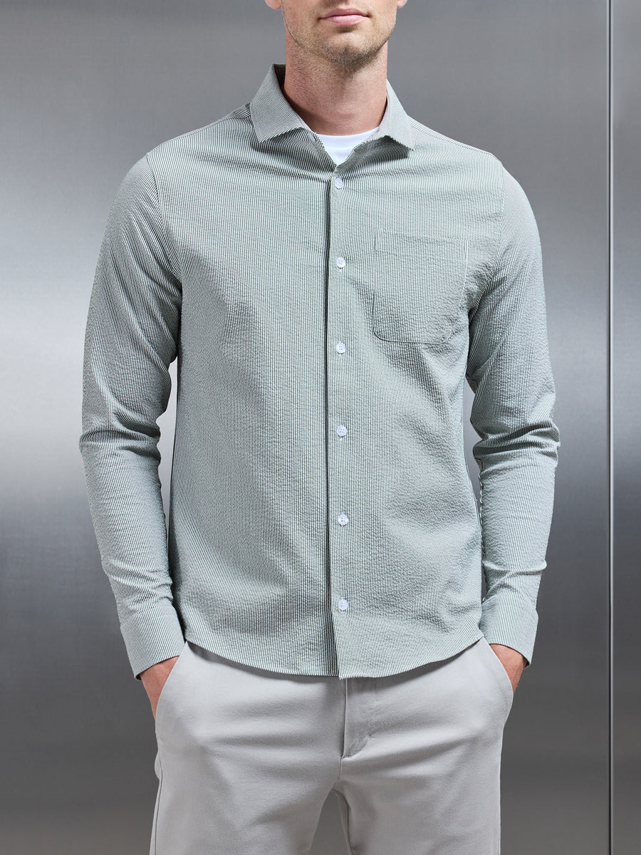 Fine Stripe Long Sleeve Cutaway Collar Shirt in Sage