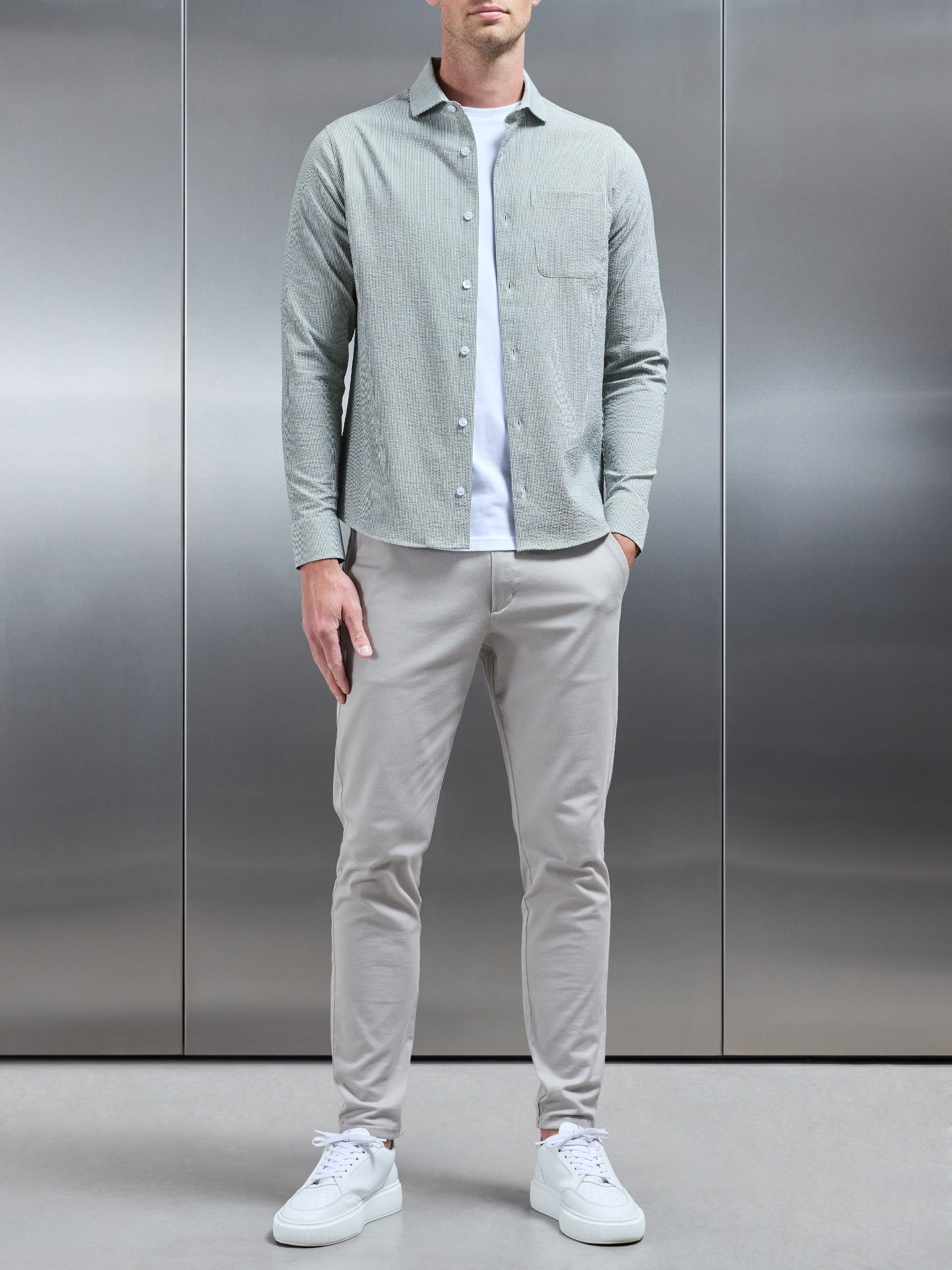 Fine Stripe Long Sleeve Cutaway Collar Shirt in Sage