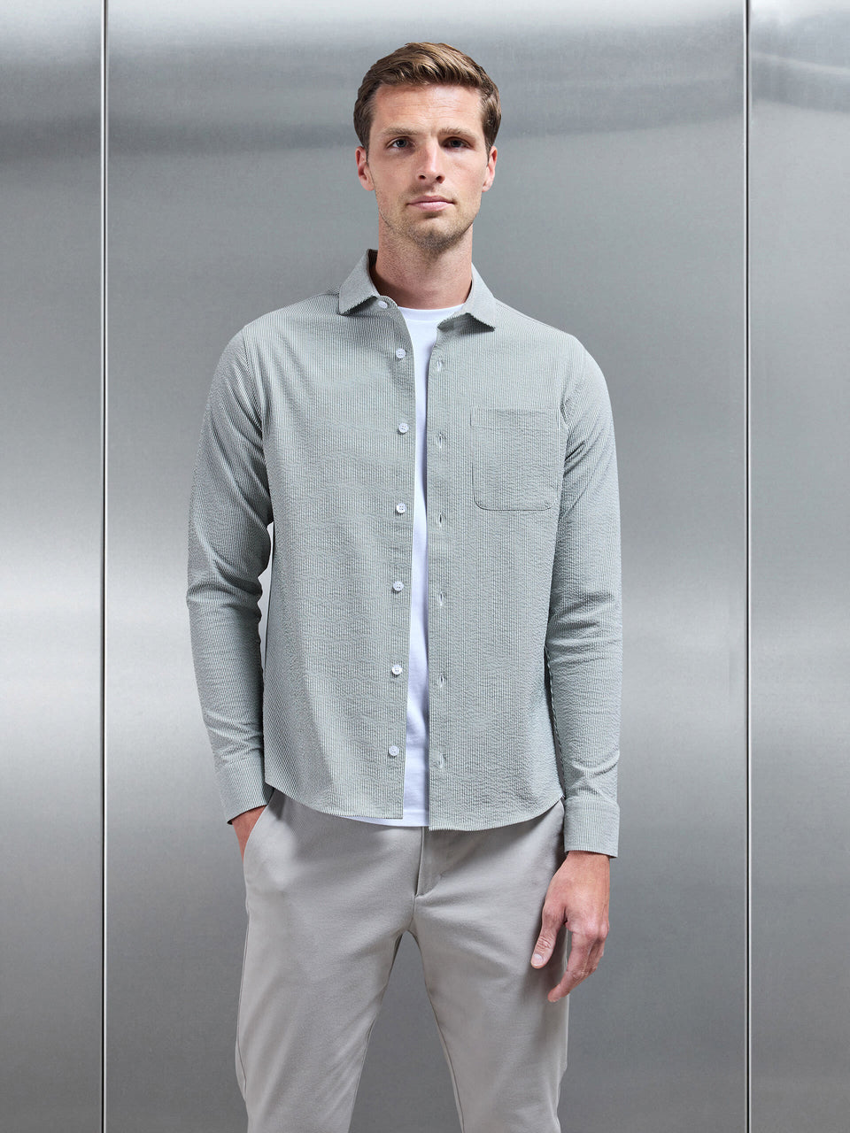 Fine Stripe Long Sleeve Cutaway Collar Shirt in Sage