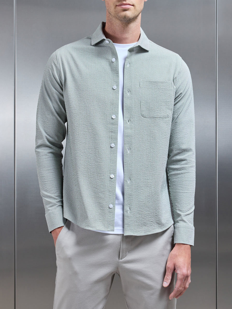 Fine Stripe Long Sleeve Cutaway Collar Shirt in Sage