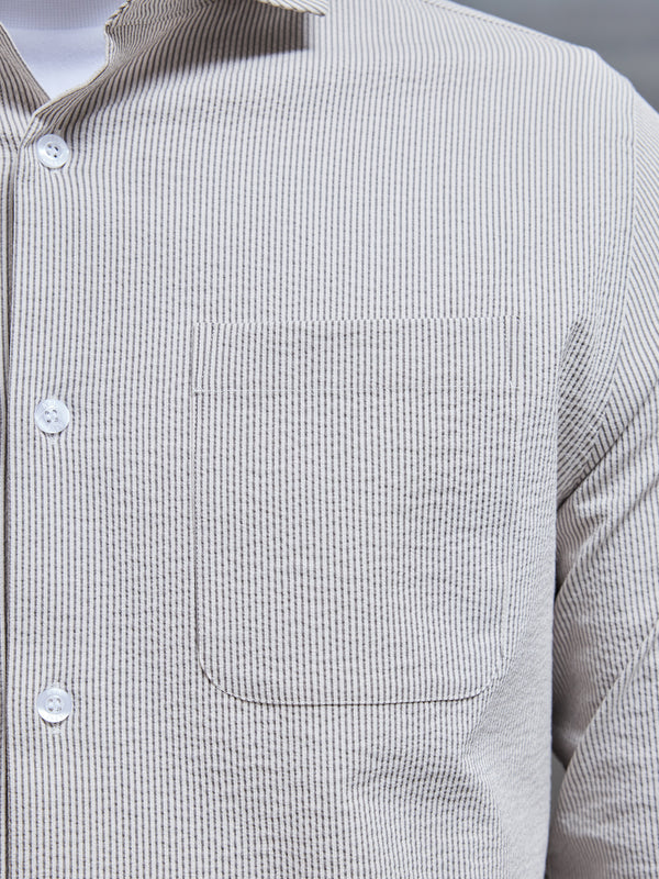 Fine Stripe Long Sleeve Cutaway Collar Shirt in Stone