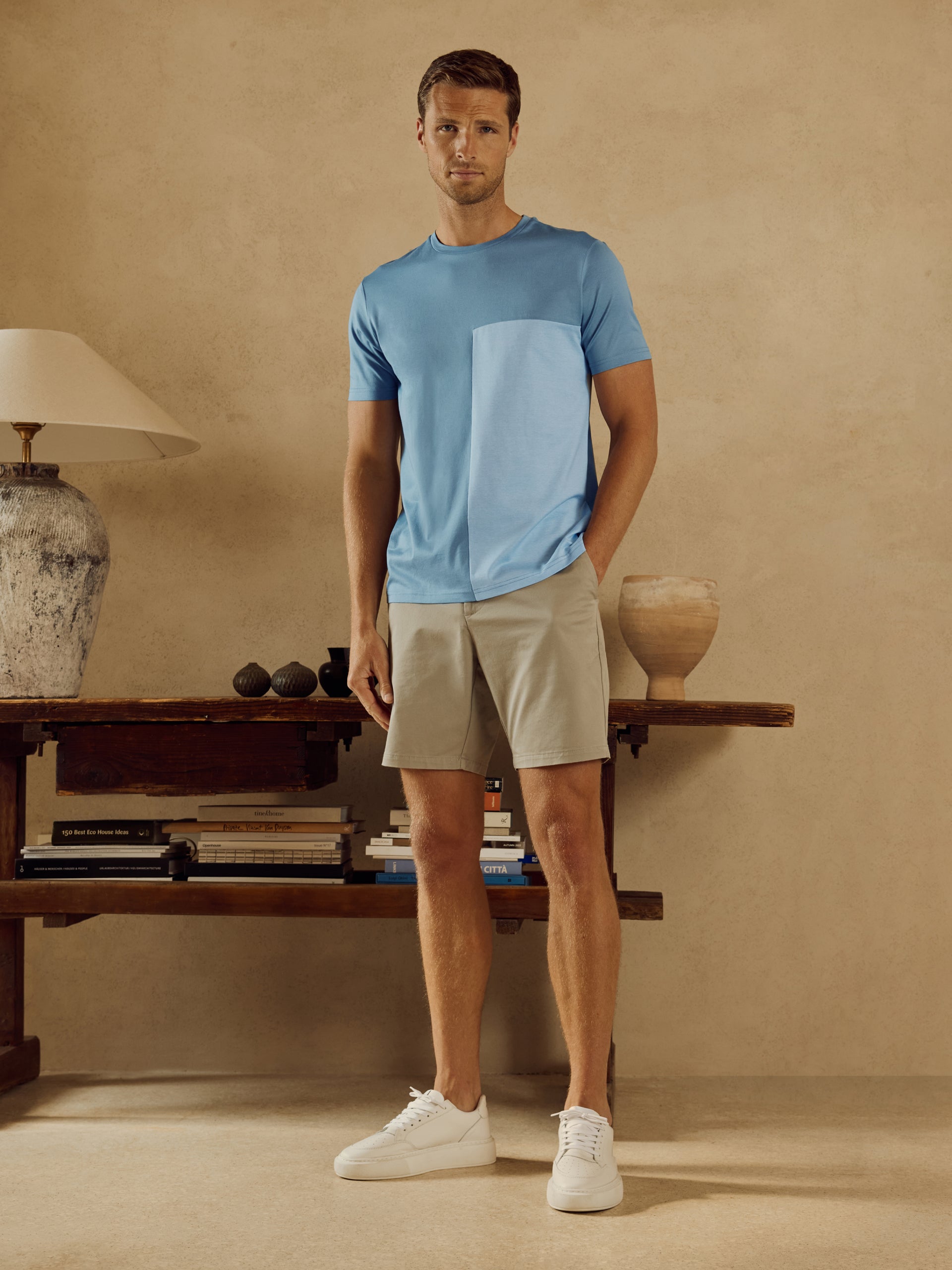 Fine Stripe Mercerised Cotton Colour Block T-Shirt in Light Blue