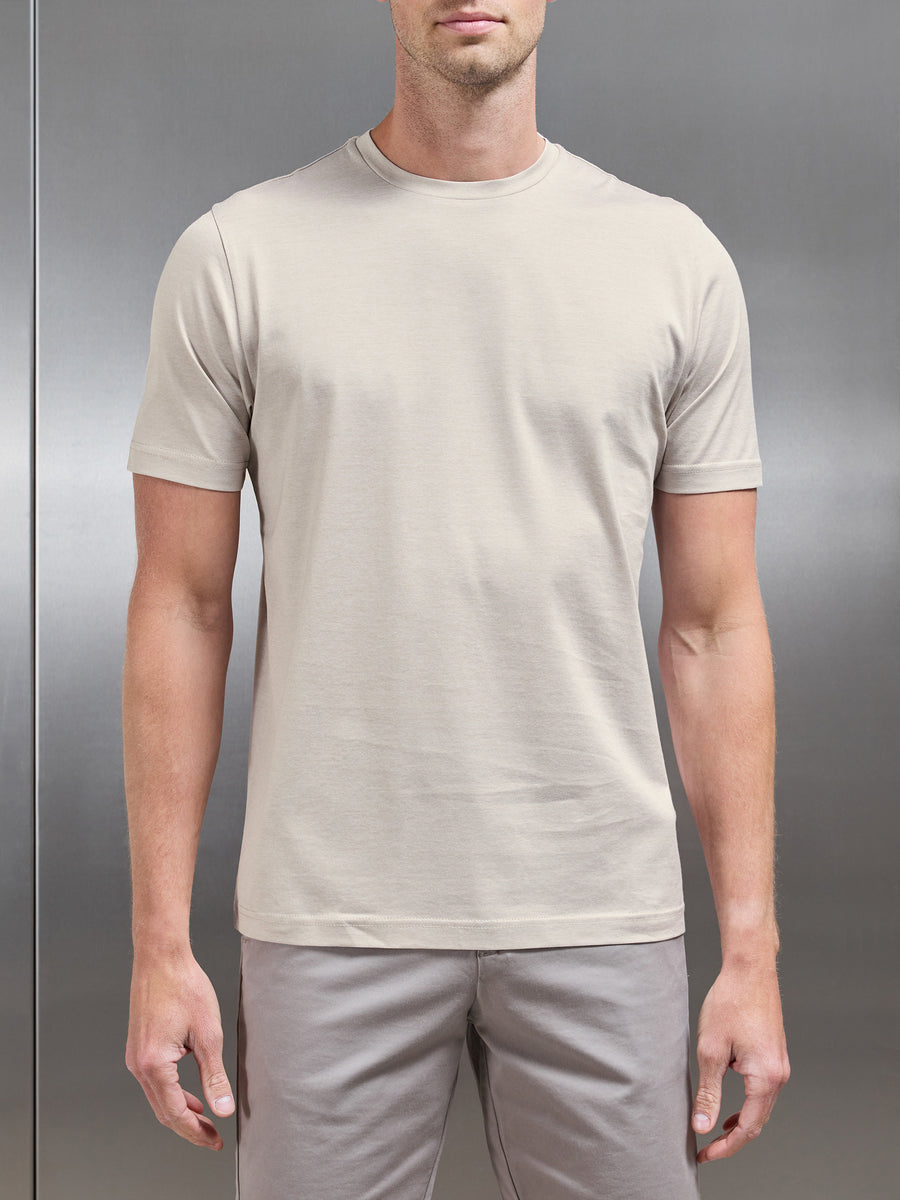 Mercerised Cotton Fine Stripe T-Shirt in Stone