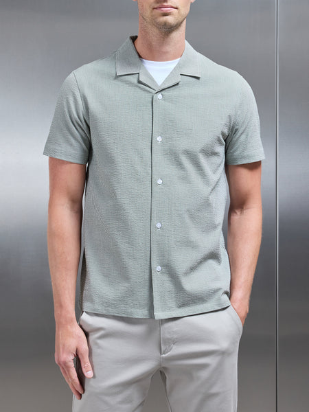 Fine Stripe Short Sleeve Revere Collar Shirt in Sage