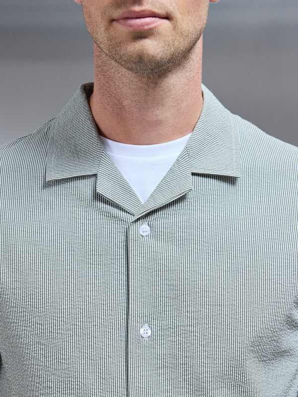 Fine Stripe Short Sleeve Revere Collar Shirt in Sage
