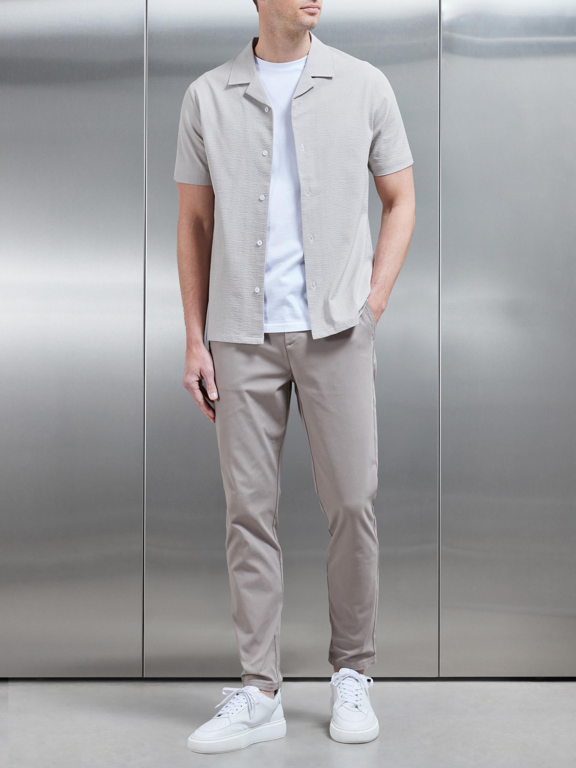 Fine Stripe Revere Collar Shirt in Stone