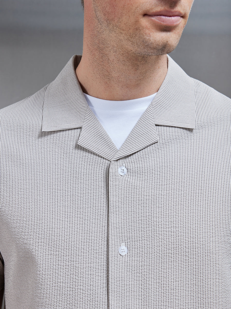 Fine Stripe Short Sleeve Revere Collar Shirt in Stone