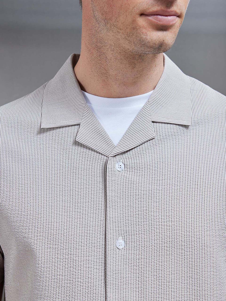 Fine Stripe Revere Collar Shirt in Stone