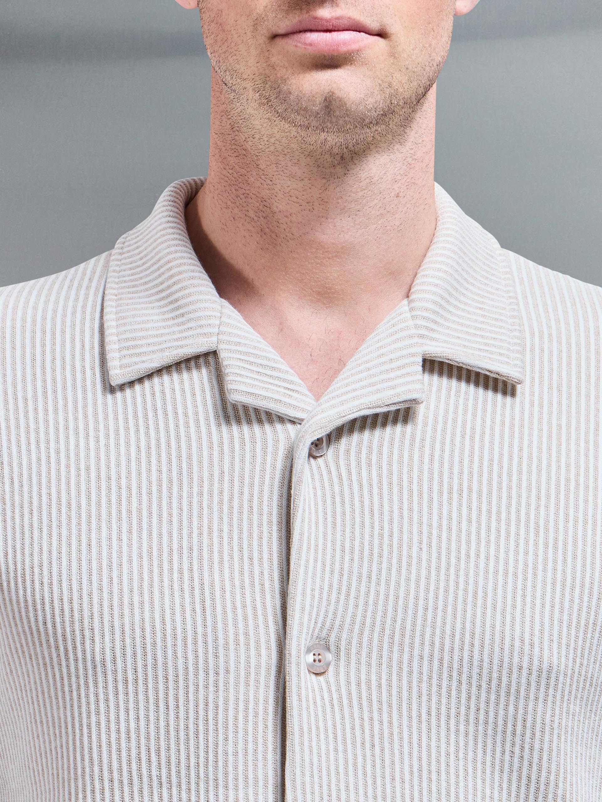 Forde Knitted Stripe Revere Collar Shirt in Stone