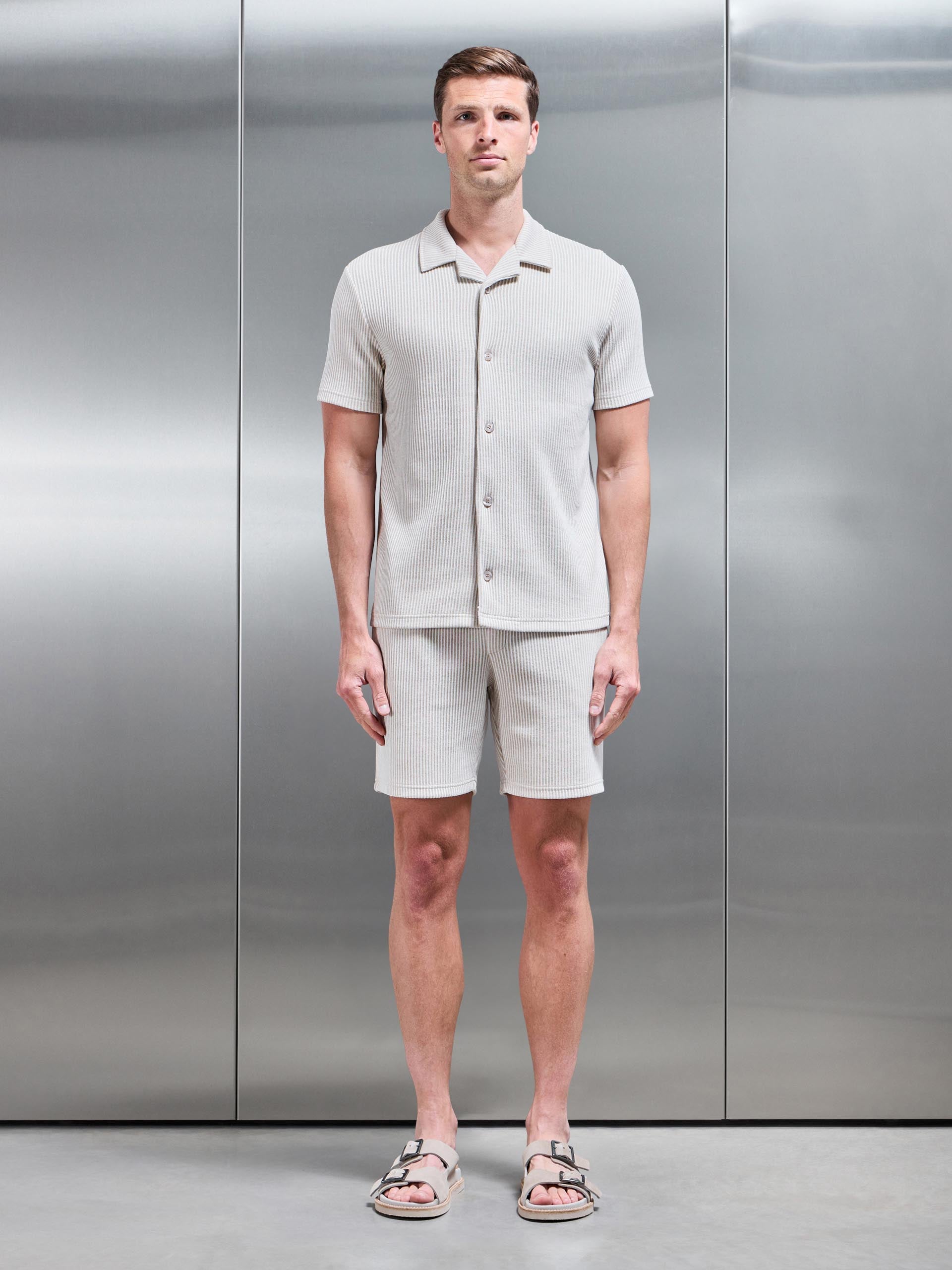 Forde Knitted Stripe Revere Collar Shirt in Stone