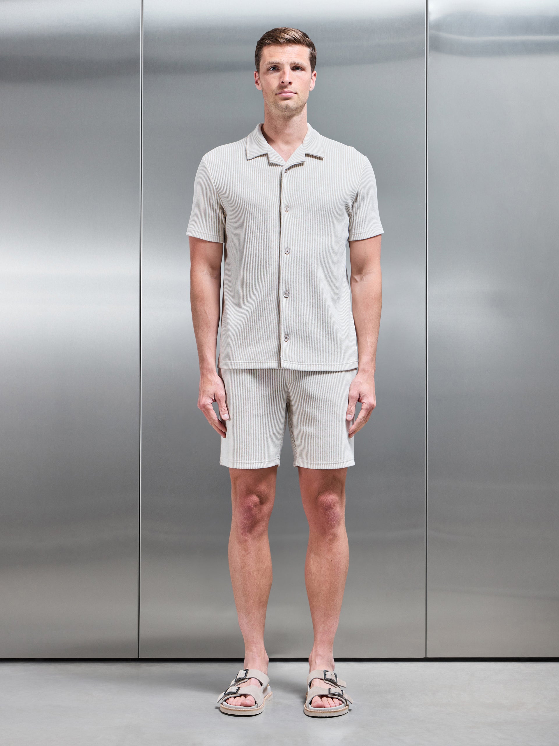 Forde Knitted Stripe Revere Collar Shirt in Stone