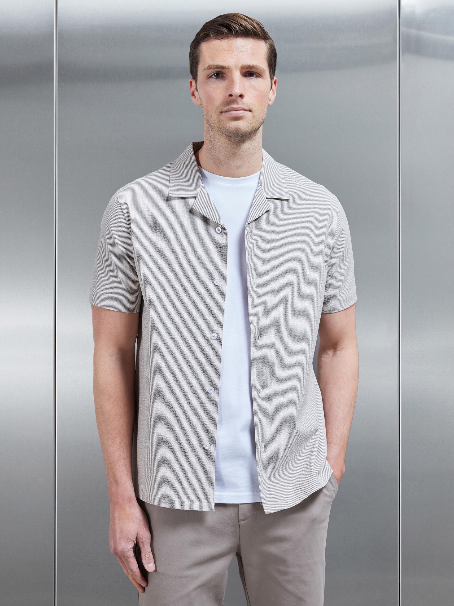 Fine Stripe Revere Collar Shirt in Stone