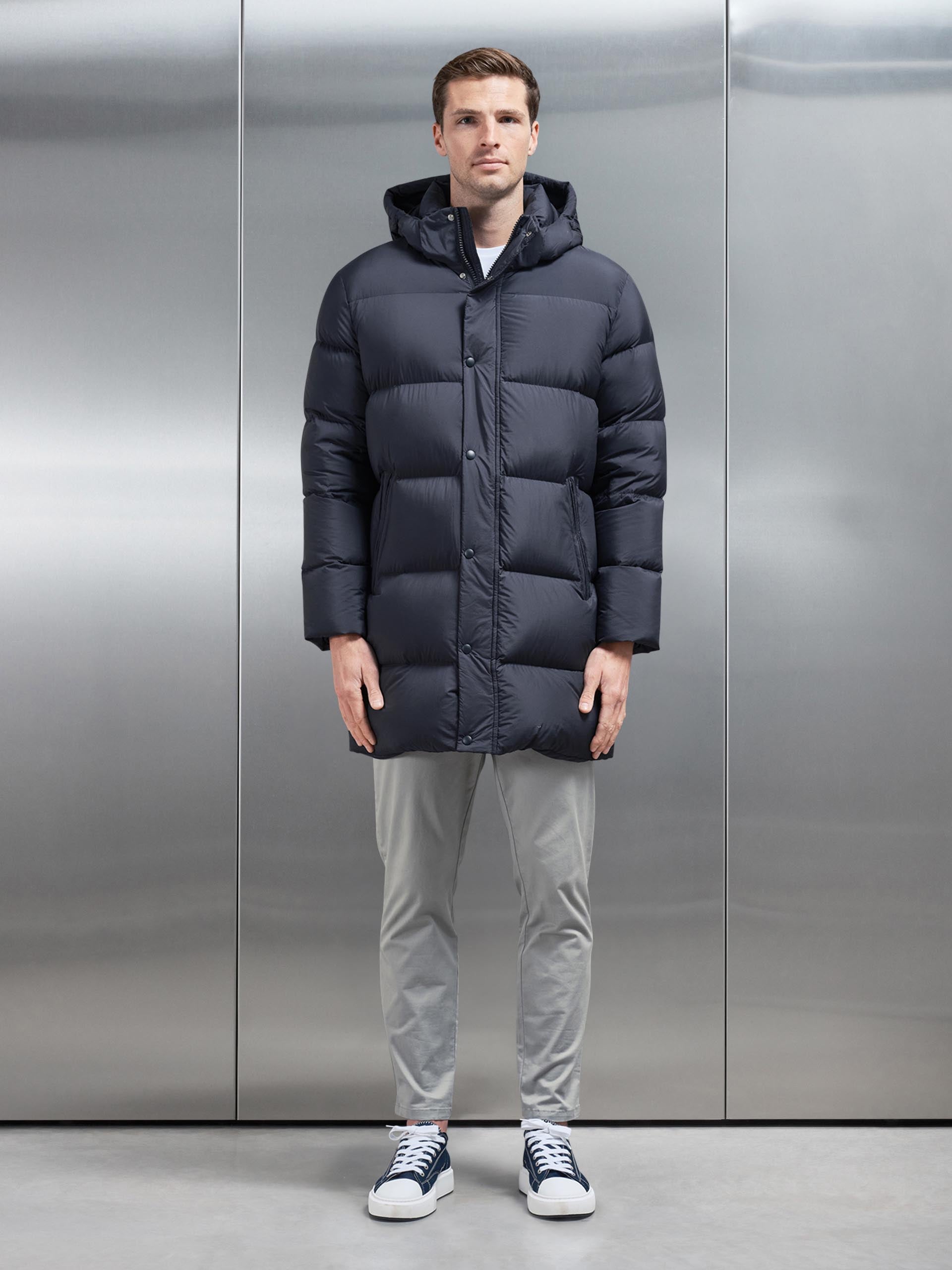 Goose Down Mid Length Jacket in Navy
