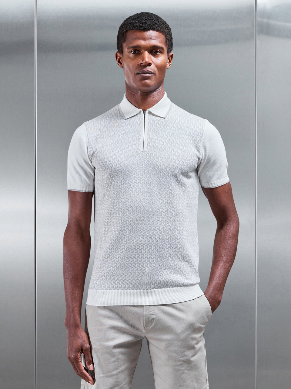 Herringbone Knitted Zip Polo Shirt in Grey