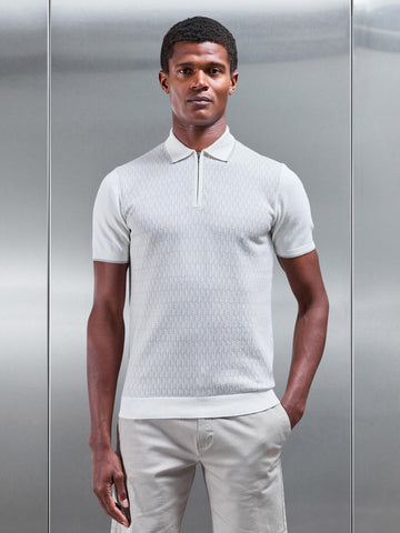 Herringbone Knitted Zip Polo Shirt in Grey