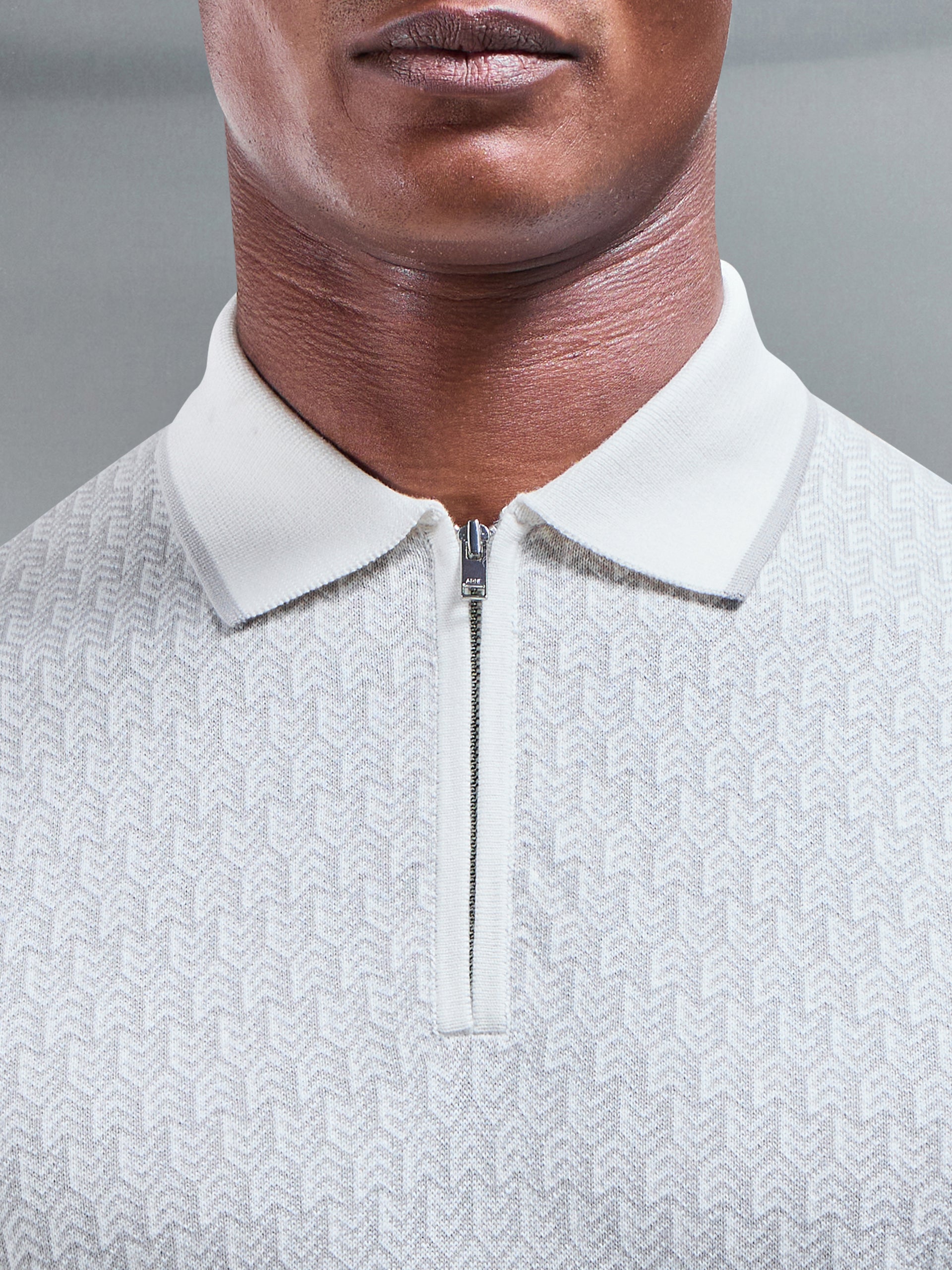 Herringbone Knitted Zip Polo Shirt in Grey