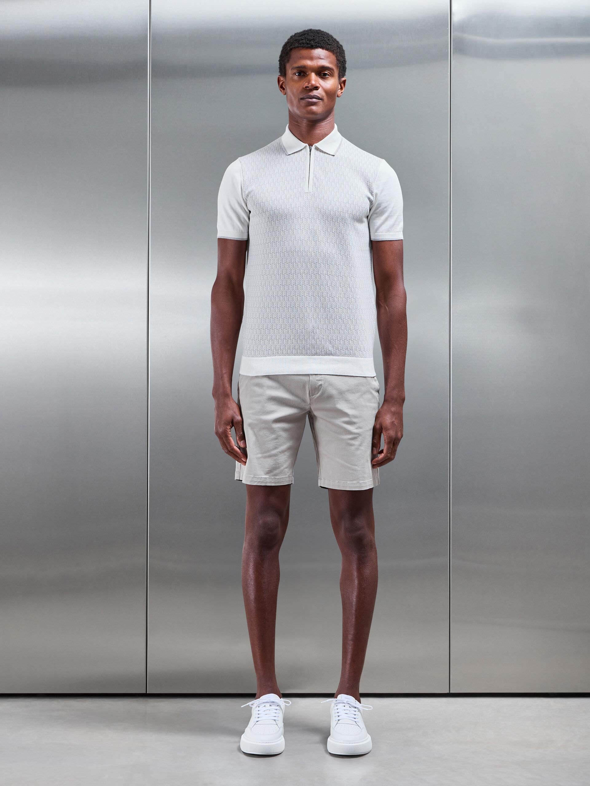 Herringbone Knitted Zip Polo Shirt in Grey