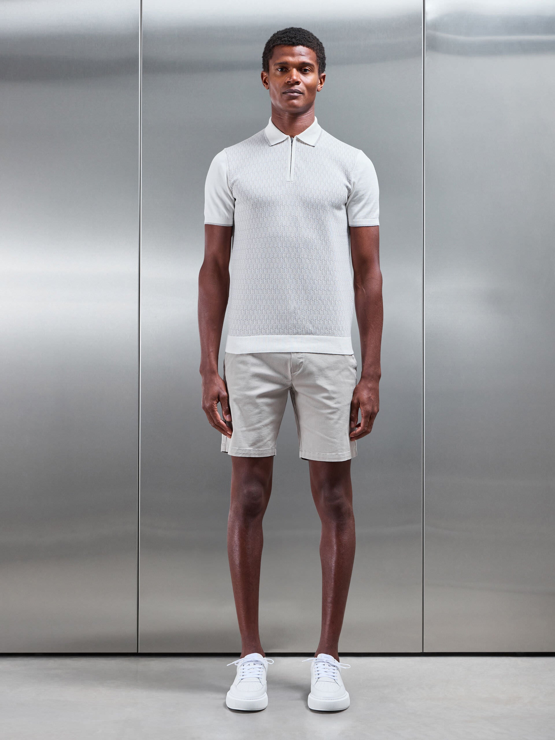 Herringbone Knitted Zip Polo Shirt in Grey