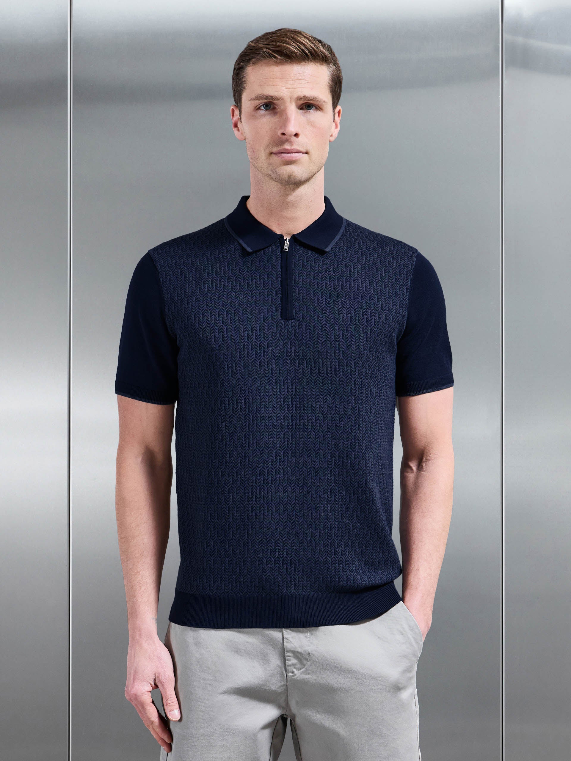 Herringbone Knitted Zip Polo Shirt in Navy