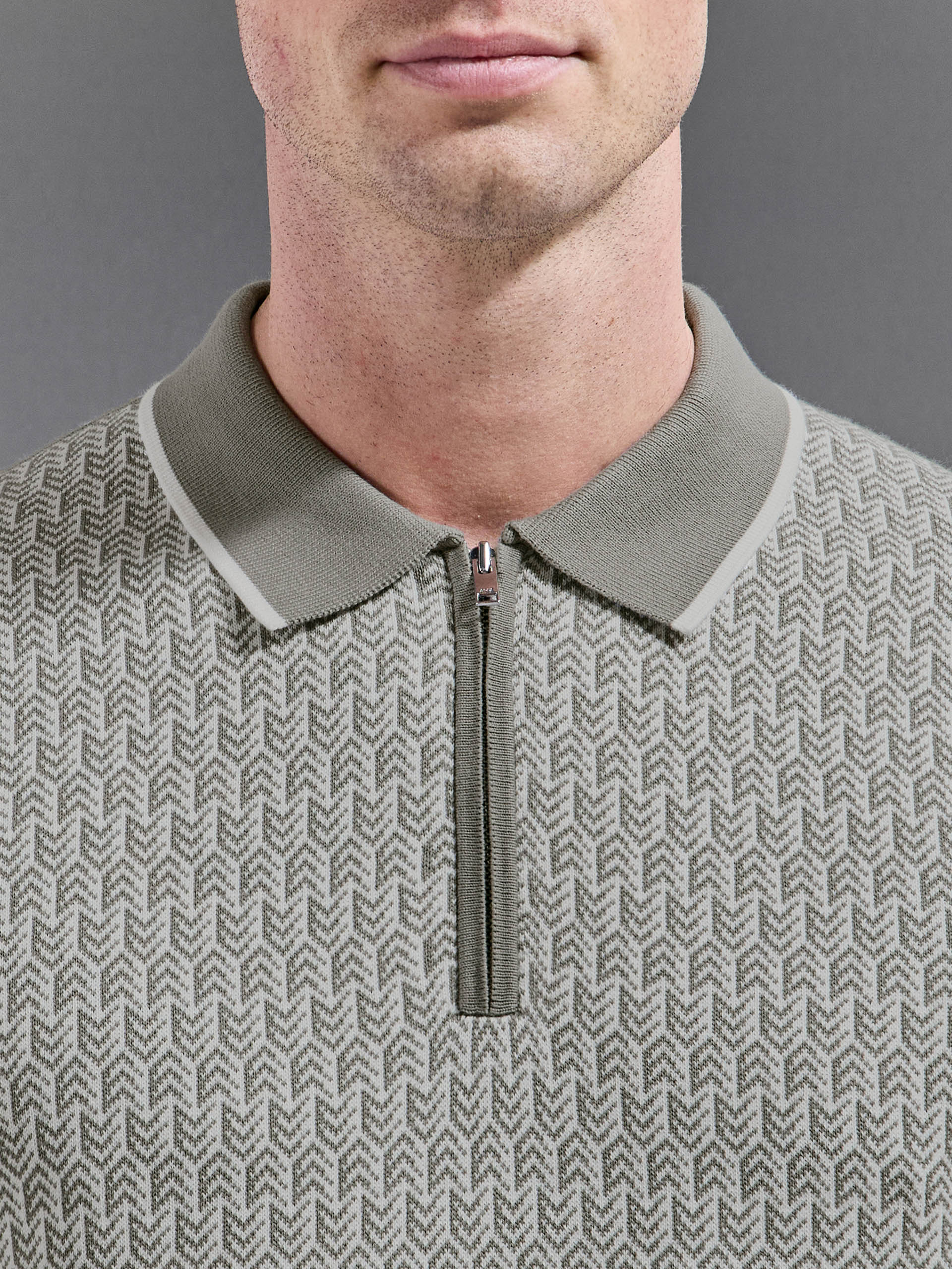 Herringbone Knitted Zip Polo Shirt in Sage