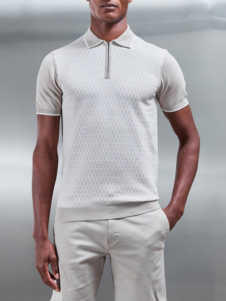 Herringbone Knitted Zip Polo Shirt in Stone