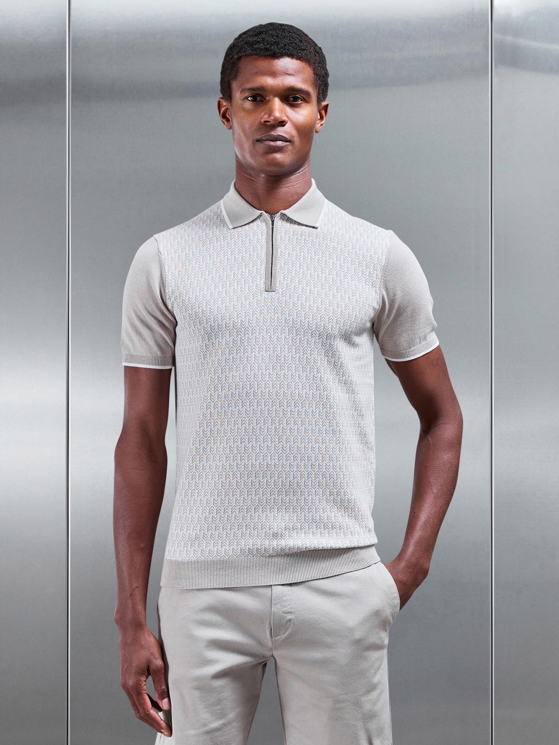 Herringbone Knitted Zip Polo Shirt in Stone