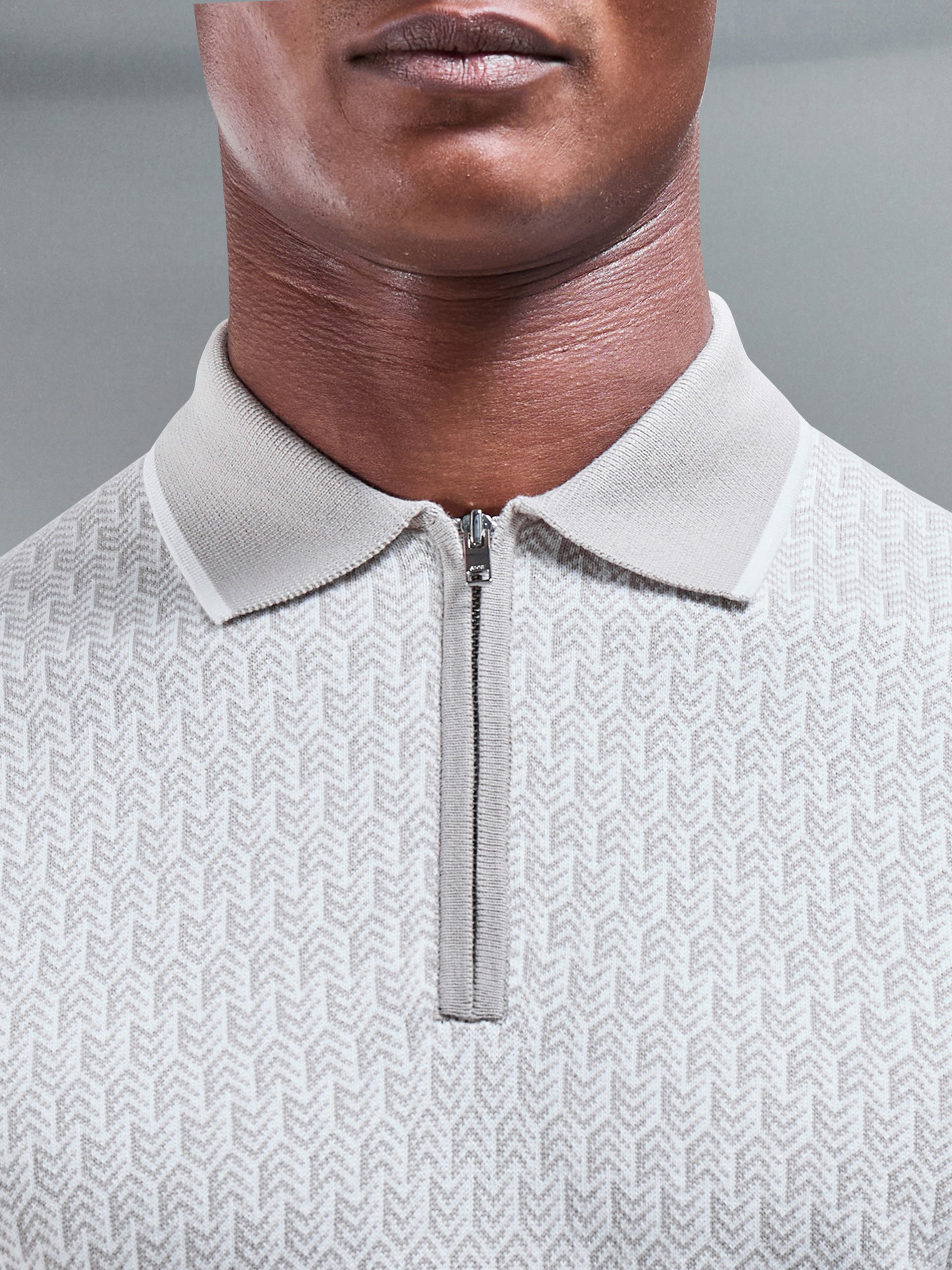 Herringbone Knitted Zip Polo Shirt in Stone