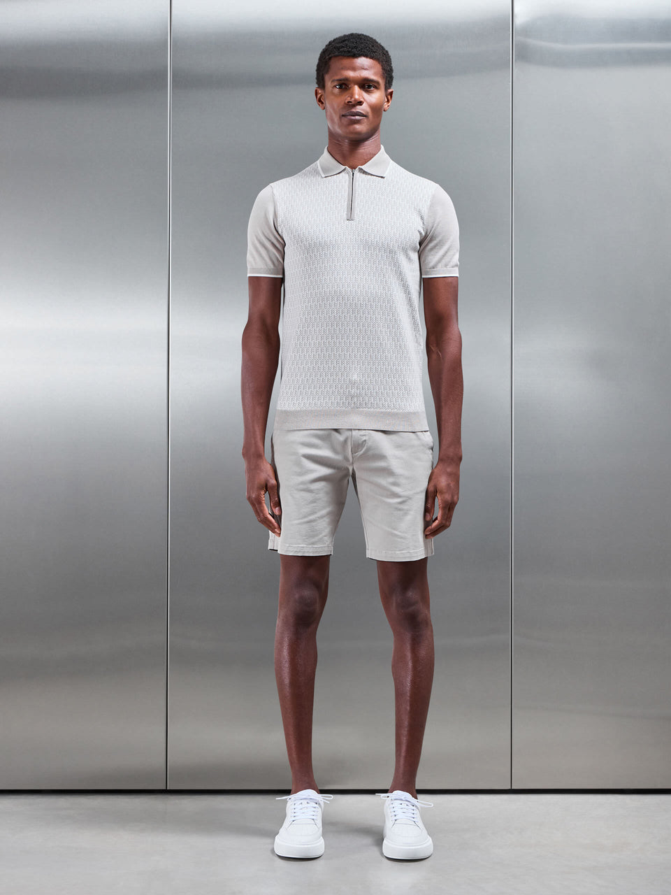 Herringbone Knitted Zip Polo Shirt in Stone