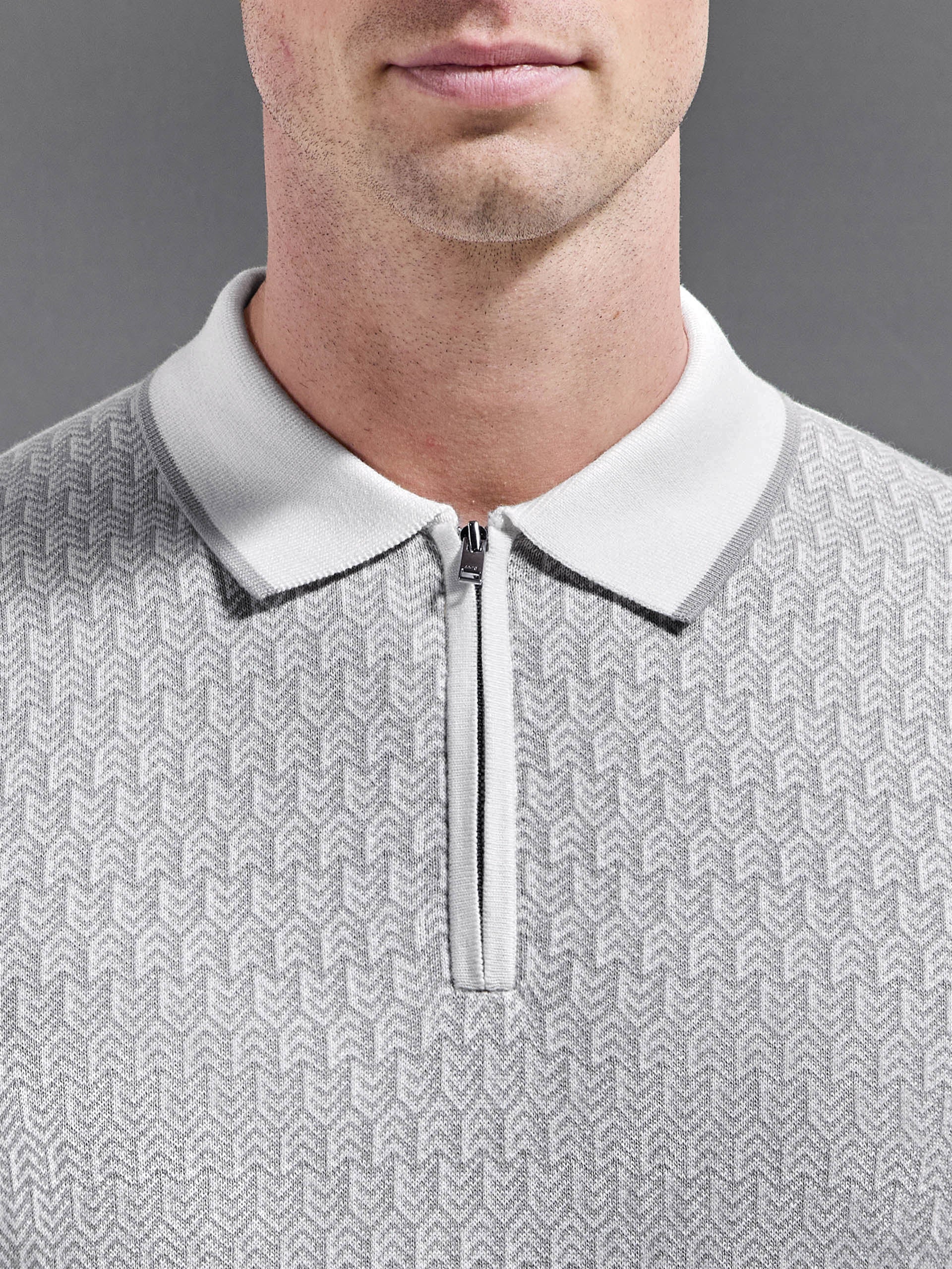Herringbone Knitted Zip Polo Shirt in White Grey