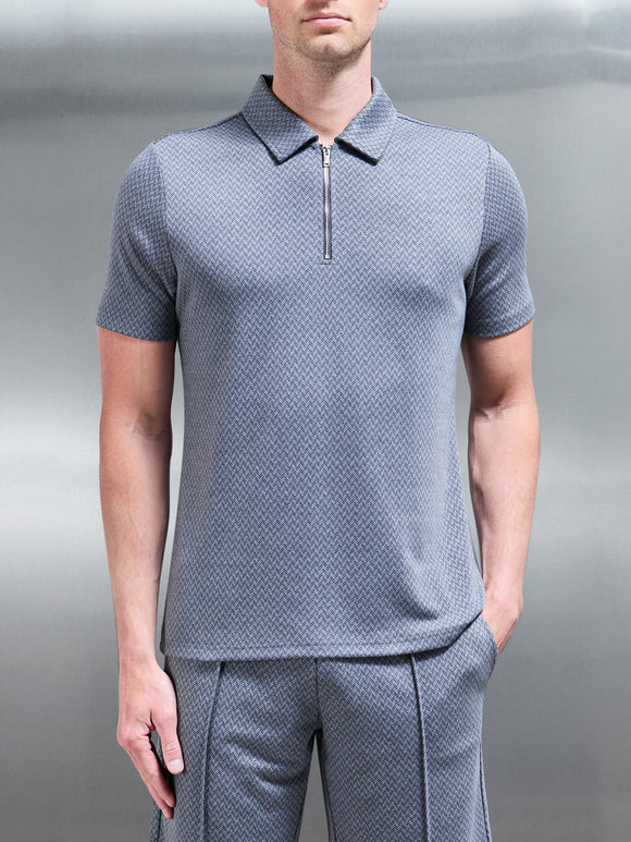 Herringbone Textured Zip Polo in Navy