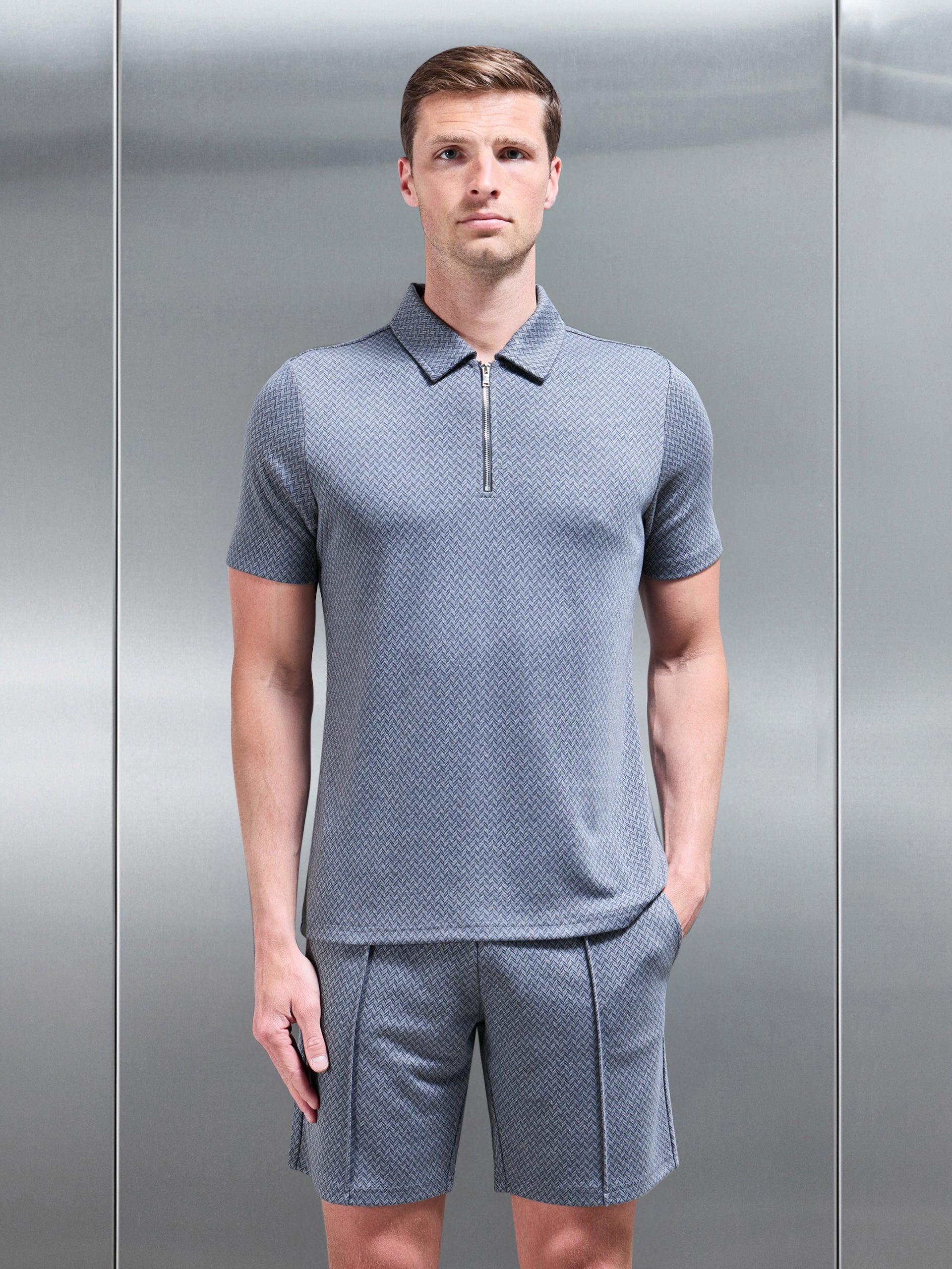 Herringbone Textured Zip Polo in Navy