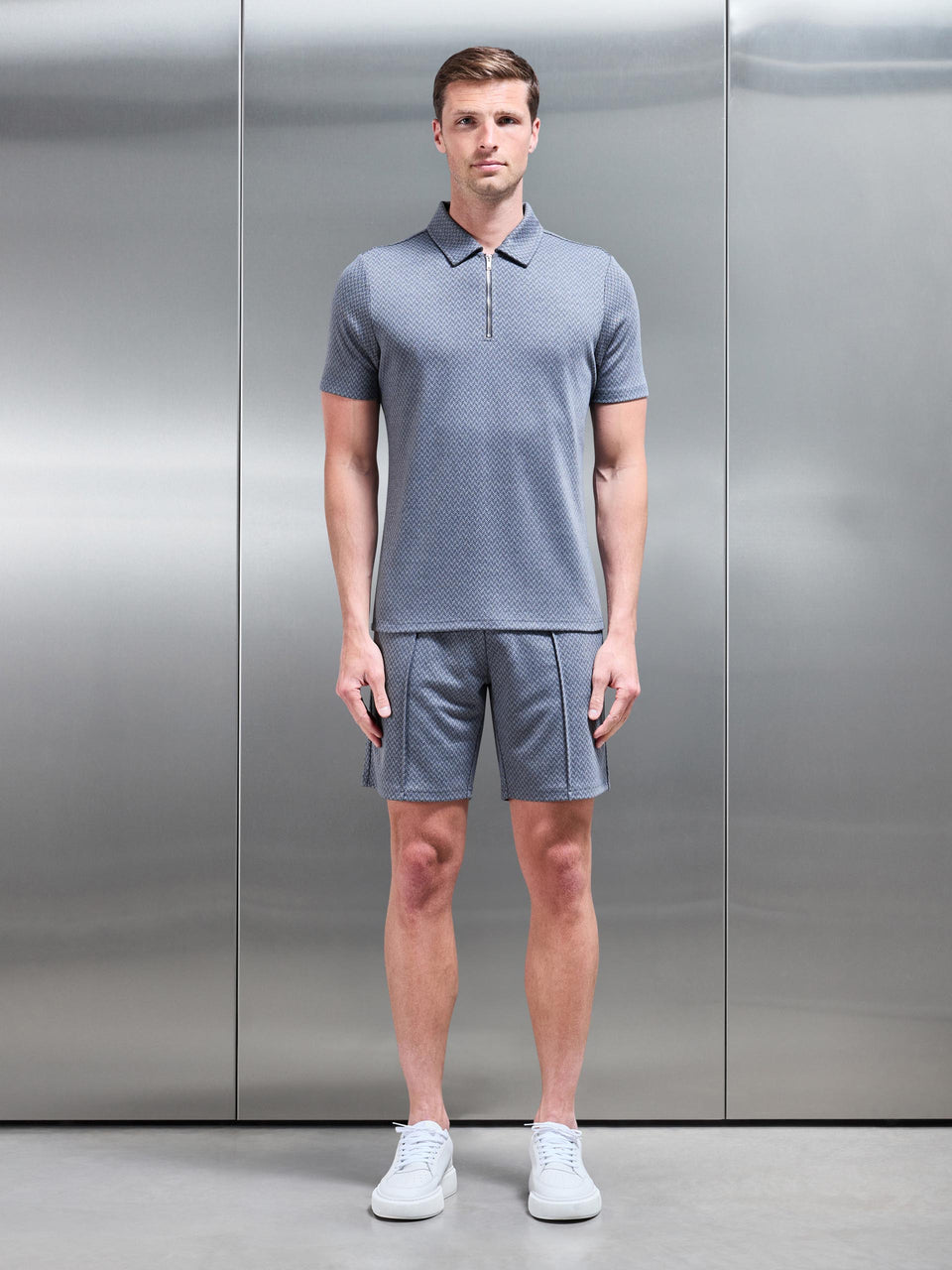 Herringbone Textured Zip Polo in Navy